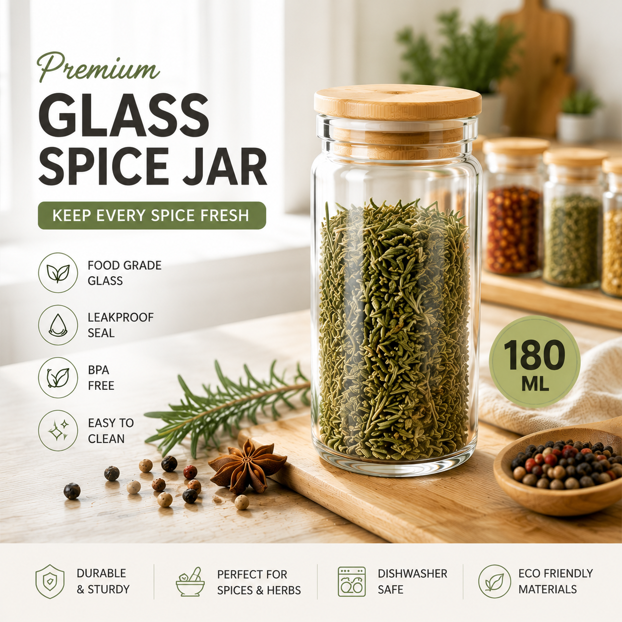 Glass Spice Jar with Bamboo Lid, Food Grade Airtight Seasoning Container, Reusable Kitchen Storage Bottle