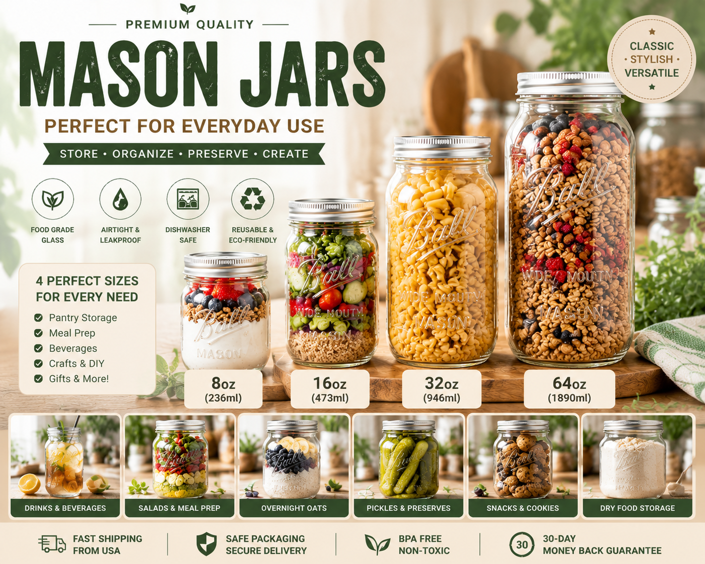 Mason Jars with Lids | Wide Mouth Glass Storage Jars for Kitchen & Pantry