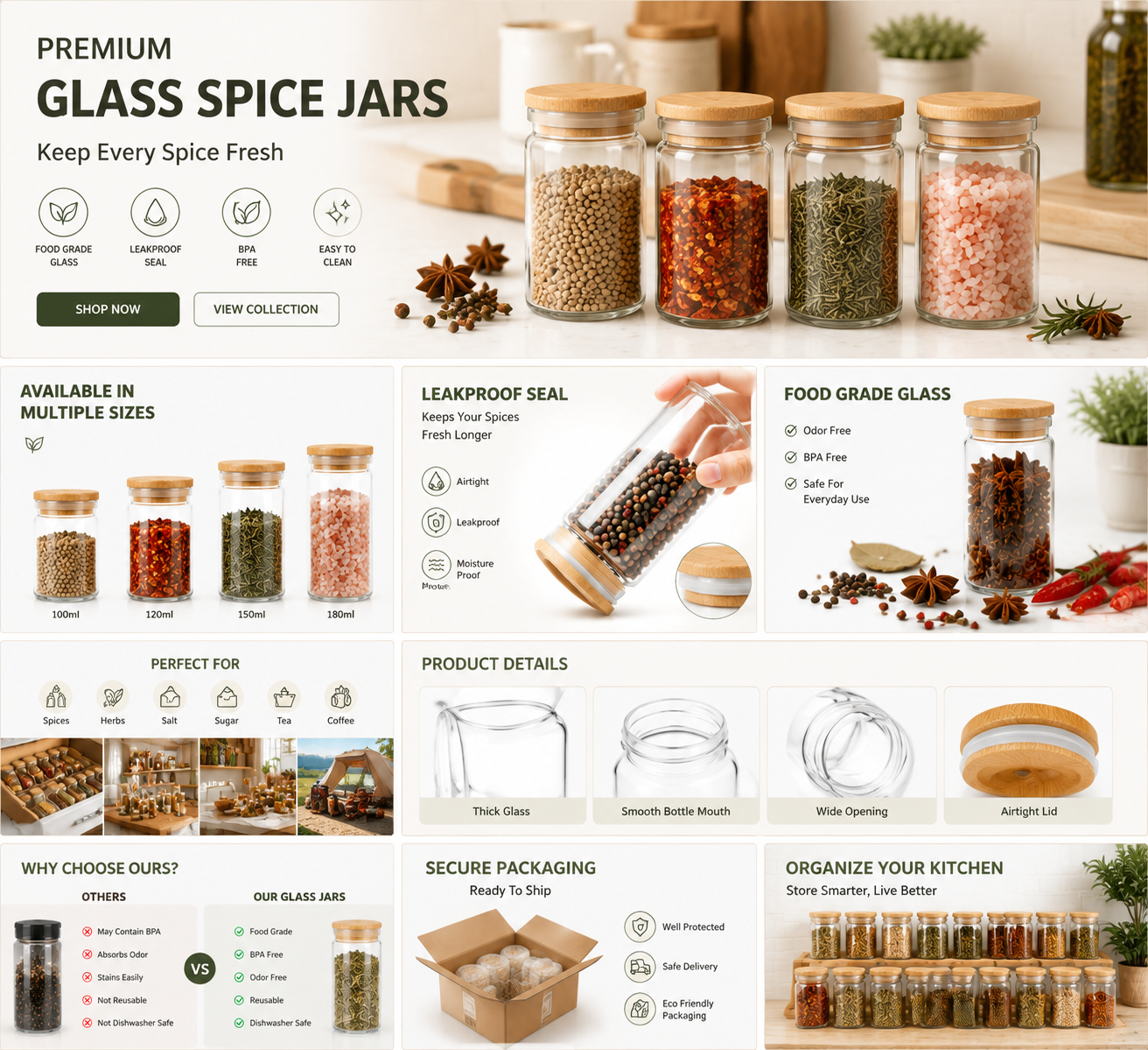 Glass Spice Jar with Bamboo Lid, Food Grade Airtight Seasoning Container, Reusable Kitchen Storage Bottle
