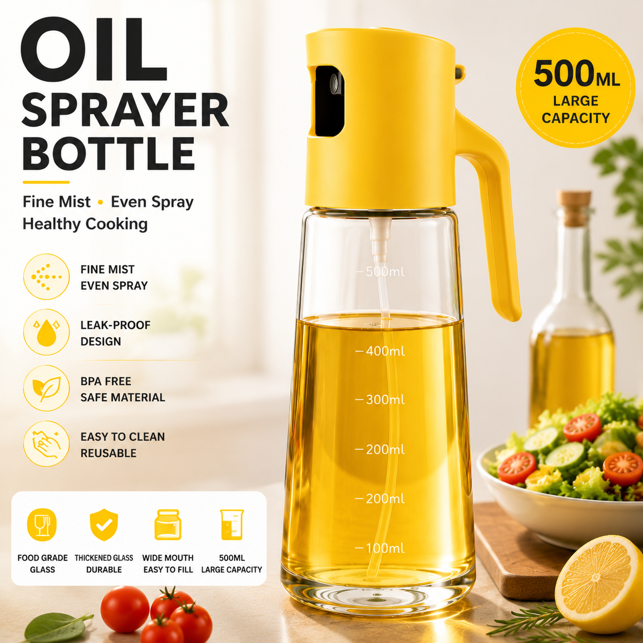Glass Oil Sprayer Bottle – Fine Mist Olive Oil Sprayer for Cooking, BBQ, Air Fryer & Salad