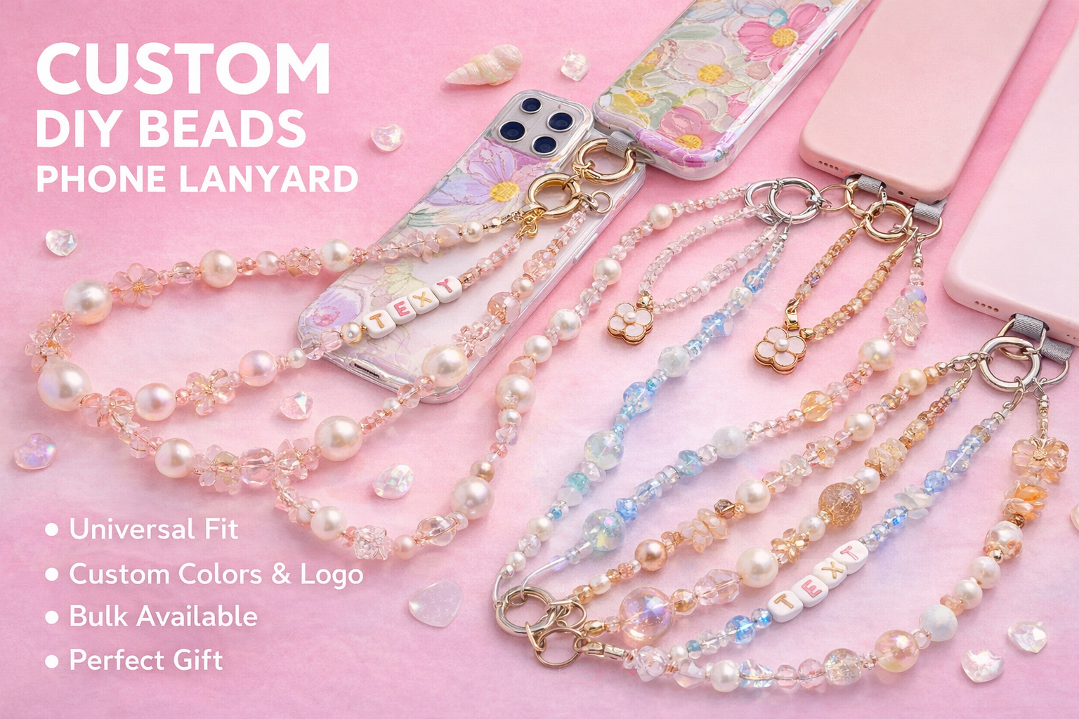Personalized Phone Lanyard & Chain – DIY Beads / Custom Logo | Universal Phone Strap | Perfect for Gifts & Resell（1pc=3 phone lanyards）