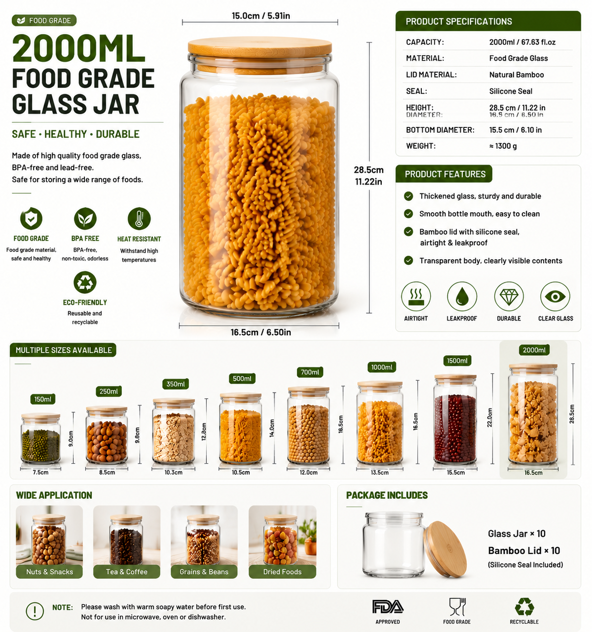 Food Grade Glass Jar – BPA-Free Airtight Food Storage Container with Bamboo Lid