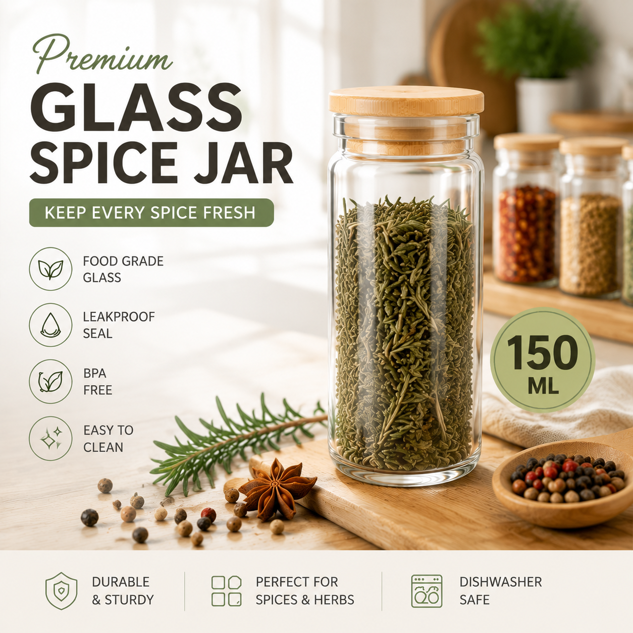 Glass Spice Jar with Bamboo Lid, Food Grade Airtight Seasoning Container, Reusable Kitchen Storage Bottle