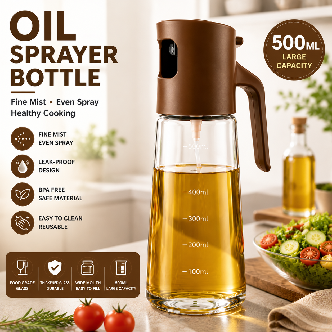 Glass Oil Sprayer Bottle – Fine Mist Olive Oil Sprayer for Cooking, BBQ, Air Fryer & Salad
