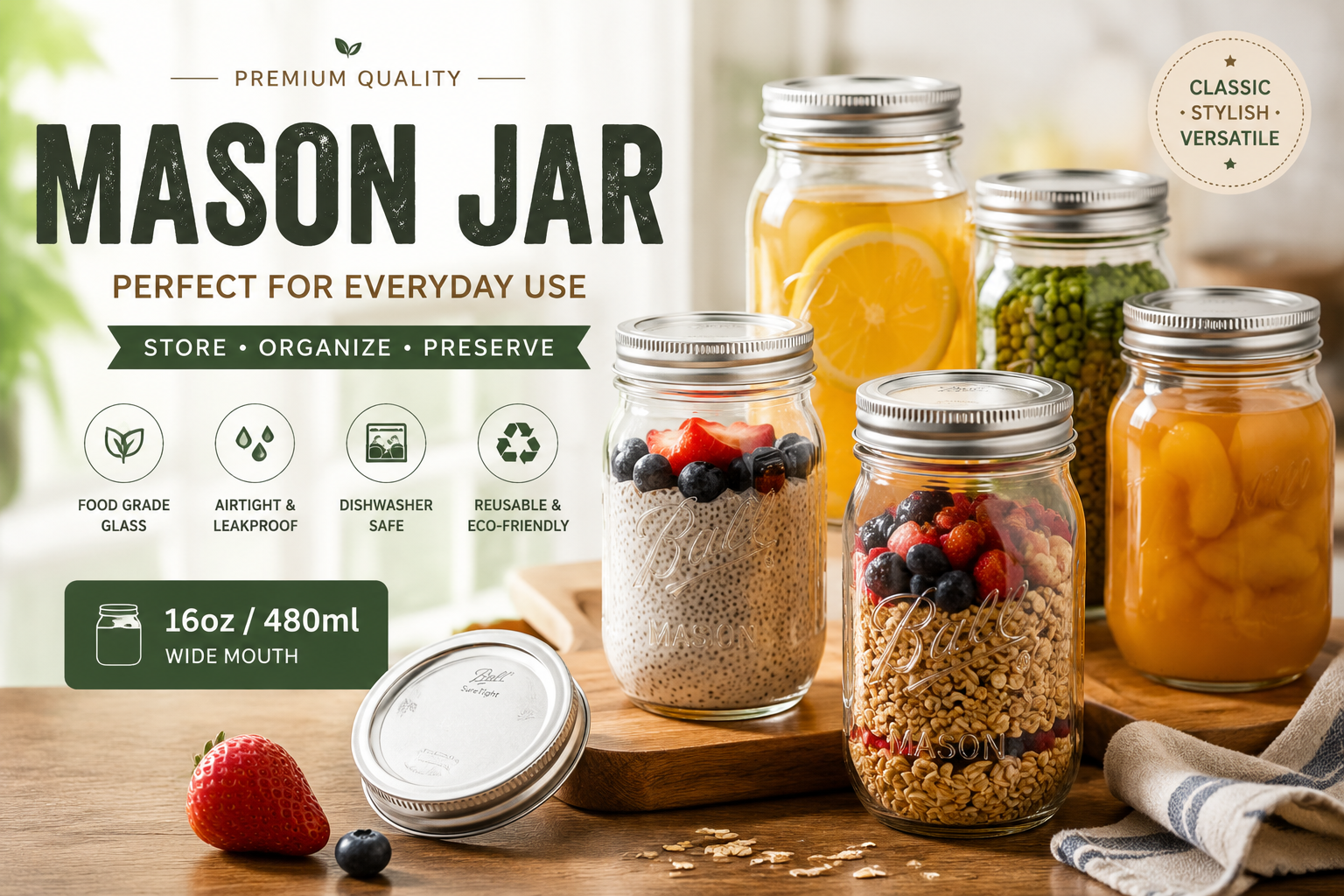 Mason Jars with Lids | Wide Mouth Glass Storage Jars for Kitchen & Pantry