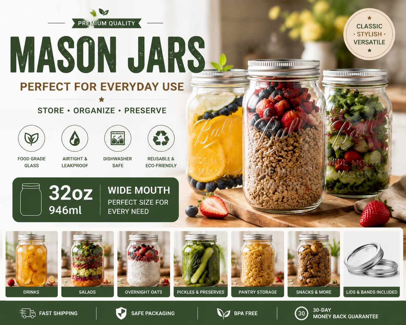 Mason Jars with Lids | Wide Mouth Glass Storage Jars for Kitchen & Pantry