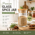 Glass Spice Jar with Bamboo Lid, Food Grade Airtight Seasoning Container, Reusable Kitchen Storage Bottle