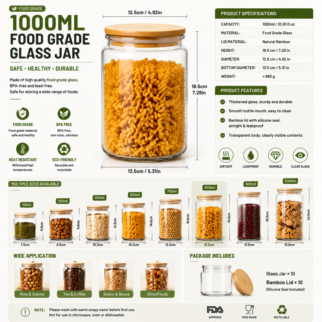 Food Grade Glass Jar – BPA-Free Airtight Food Storage Container with Bamboo Lid