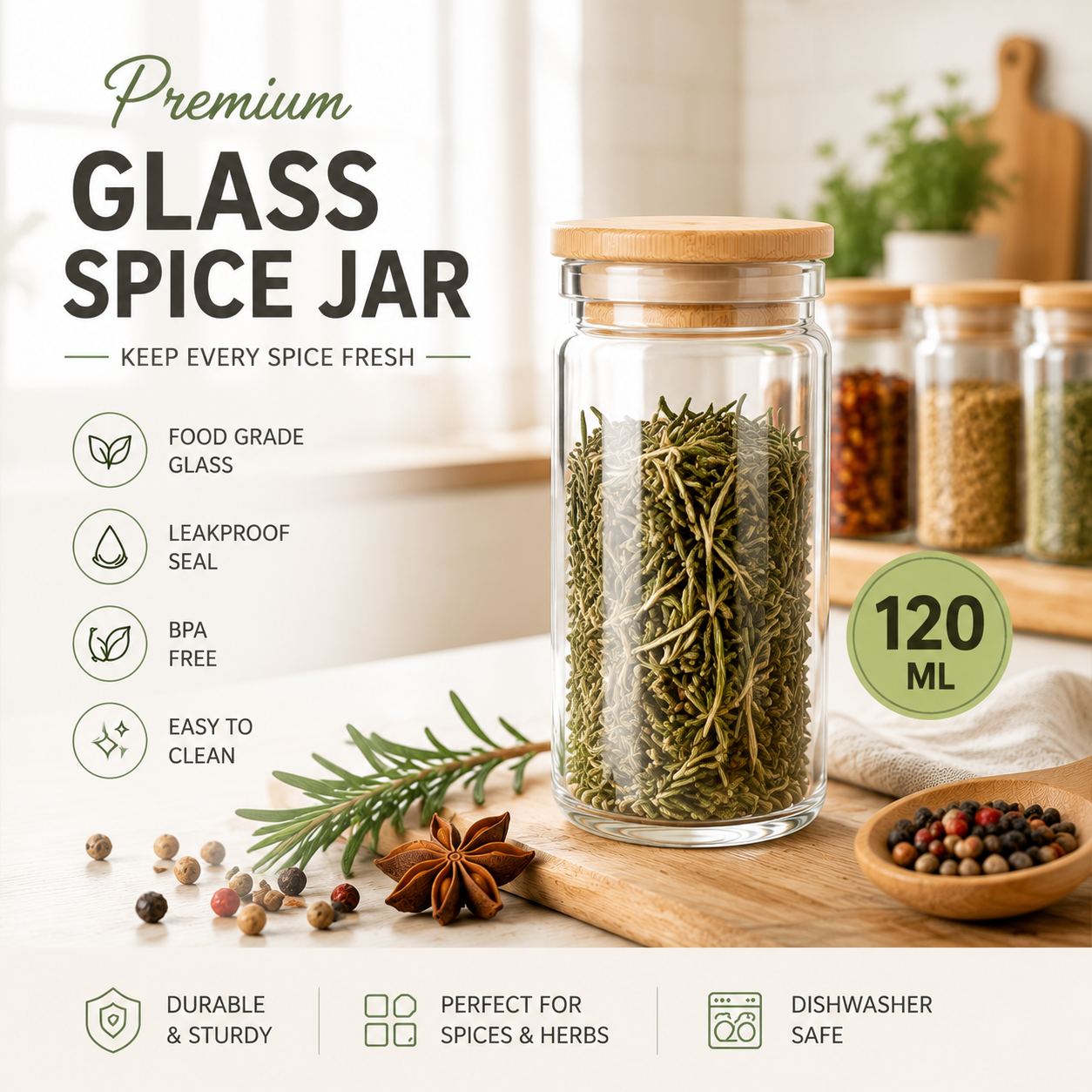 Glass Spice Jar with Bamboo Lid, Food Grade Airtight Seasoning Container, Reusable Kitchen Storage Bottle