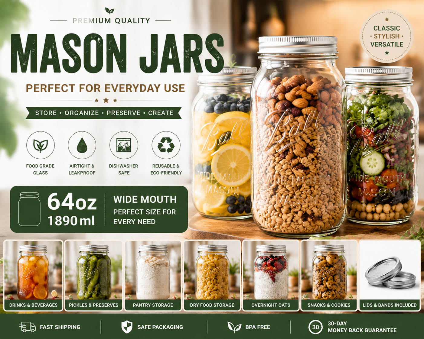 Mason Jars with Lids | Wide Mouth Glass Storage Jars for Kitchen & Pantry