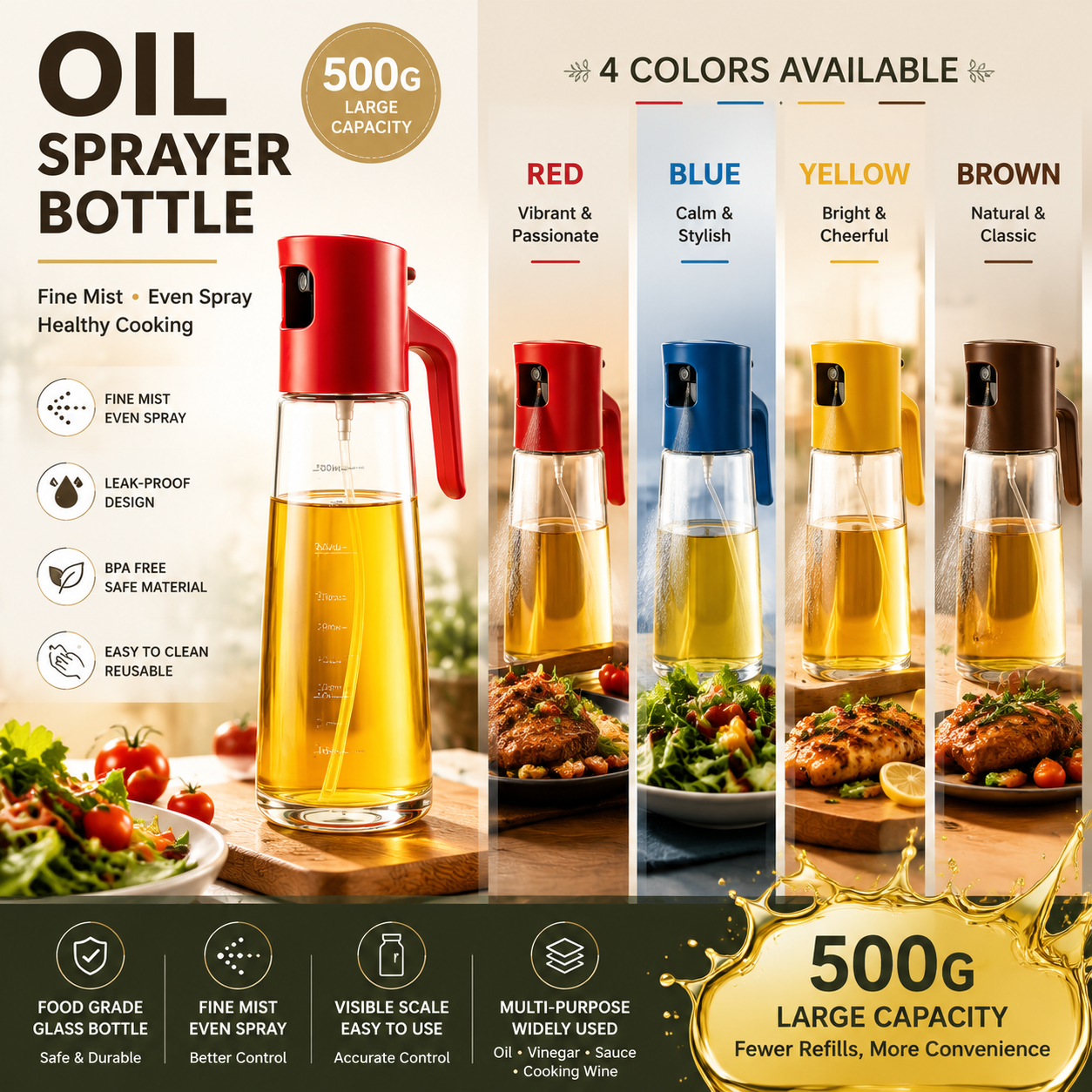 Glass Oil Sprayer Bottle – Fine Mist Olive Oil Sprayer for Cooking, BBQ, Air Fryer & Salad