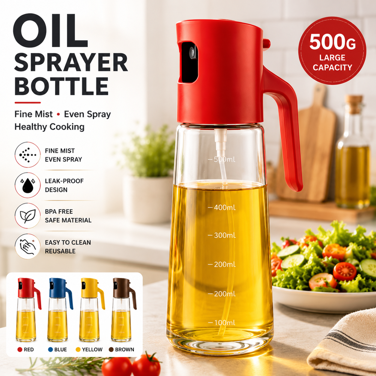 Glass Oil Sprayer Bottle – Fine Mist Olive Oil Sprayer for Cooking, BBQ, Air Fryer & Salad