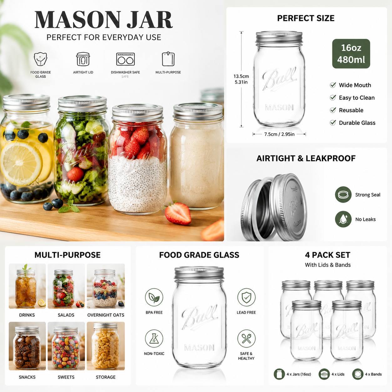 Mason Jars with Lids | Wide Mouth Glass Storage Jars for Kitchen & Pantry