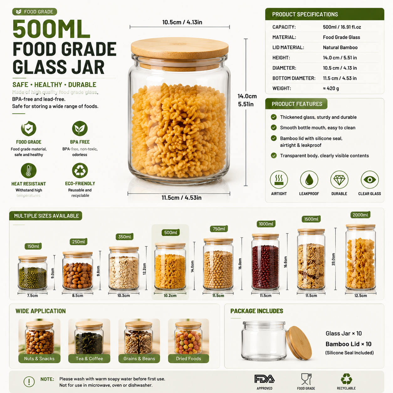 Food Grade Glass Jar – BPA-Free Airtight Food Storage Container with Bamboo Lid
