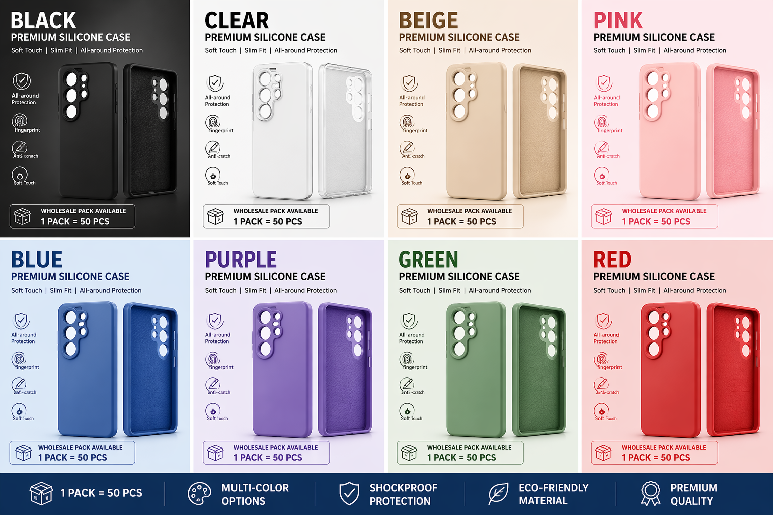 Premium Silicone Phone Case / 1 Pack = 50 PCS / Soft Protective Cover / Multi-Color / High Quality | Fast Shipping / Wholesale & Retail / Stable Supply