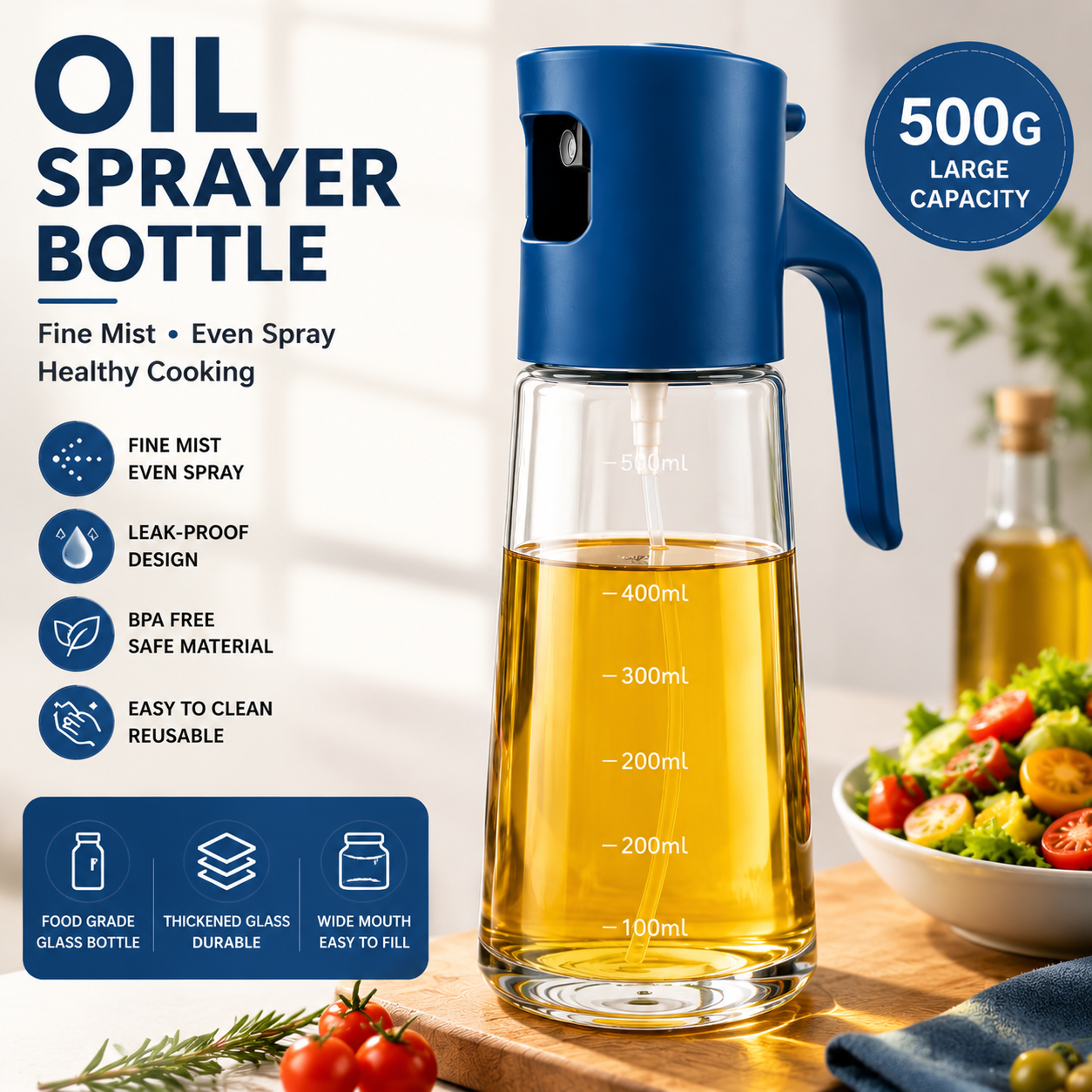 Glass Oil Sprayer Bottle – Fine Mist Olive Oil Sprayer for Cooking, BBQ, Air Fryer & Salad
