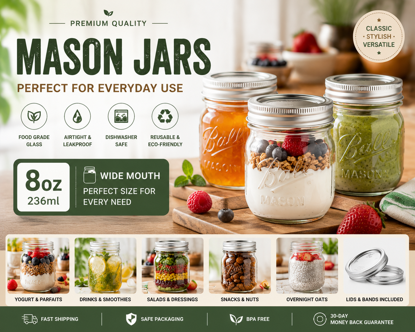 Mason Jars with Lids | Wide Mouth Glass Storage Jars for Kitchen & Pantry