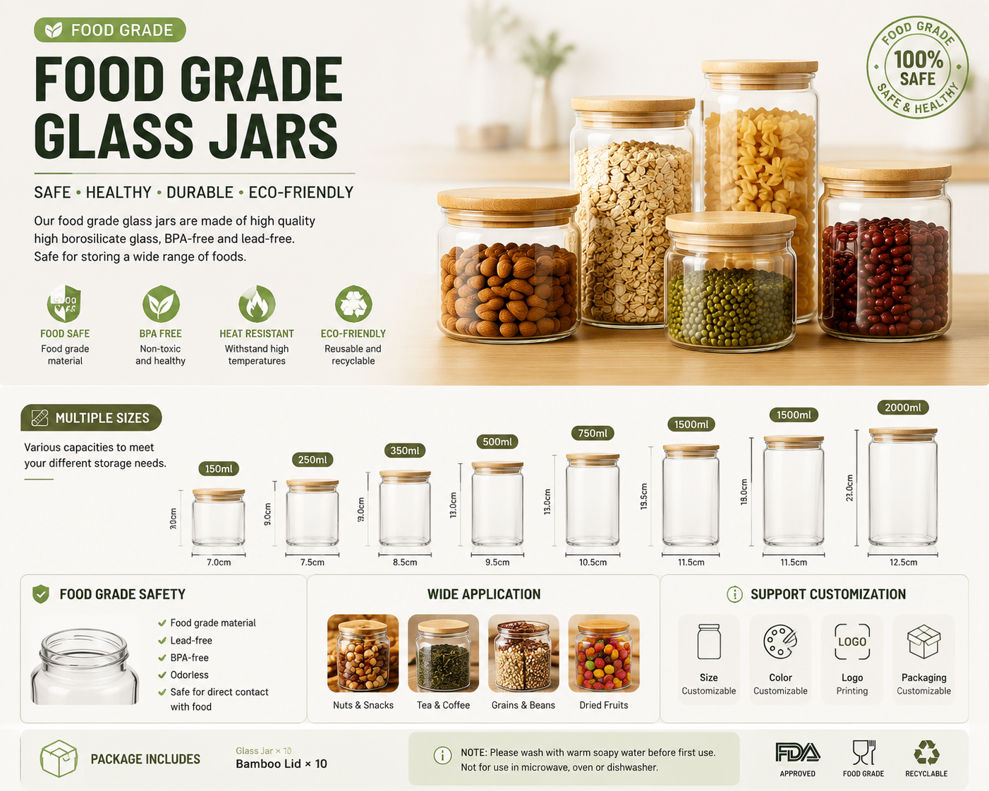 Food Grade Glass Jar – BPA-Free Airtight Food Storage Container with Bamboo Lid