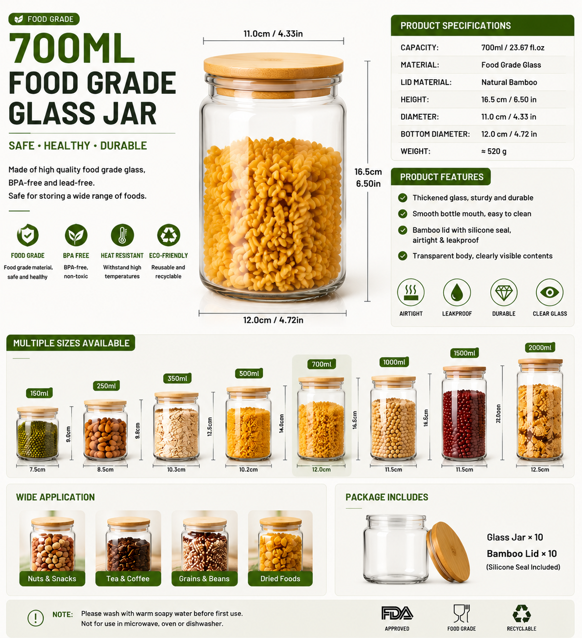 Food Grade Glass Jar – BPA-Free Airtight Food Storage Container with Bamboo Lid