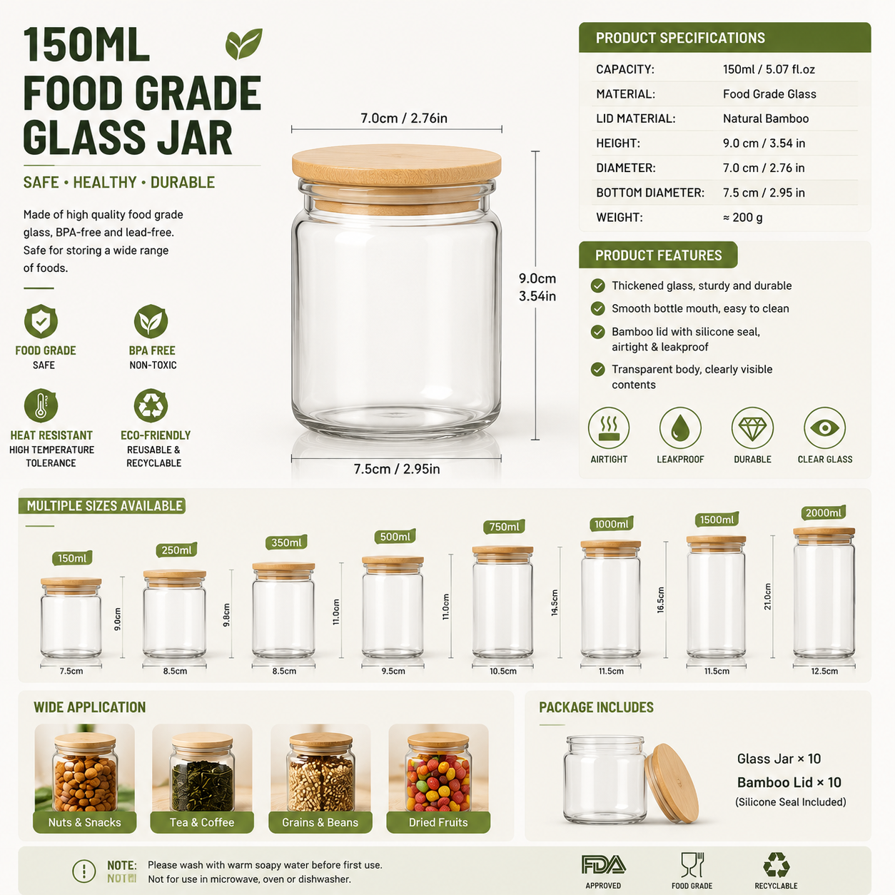Food Grade Glass Jar – BPA-Free Airtight Food Storage Container with Bamboo Lid
