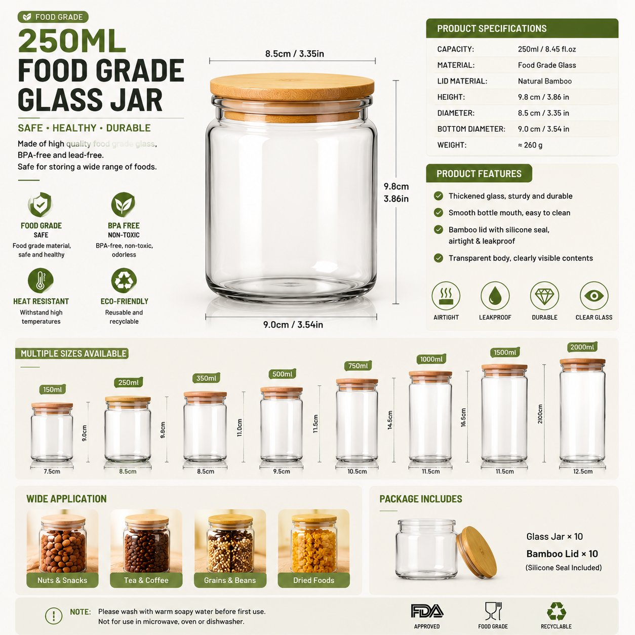Food Grade Glass Jar – BPA-Free Airtight Food Storage Container with Bamboo Lid