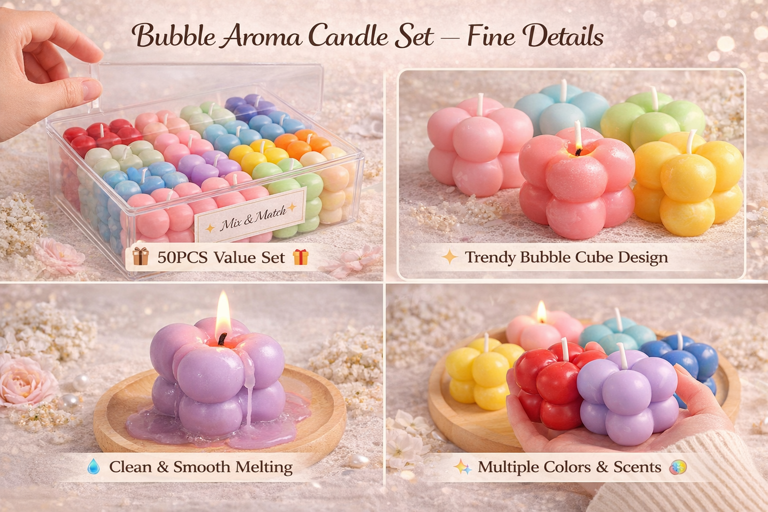 Bubble Aroma Candle Set – 50PCS Colorful Scented Cube Candles (1 Box=35g*50)